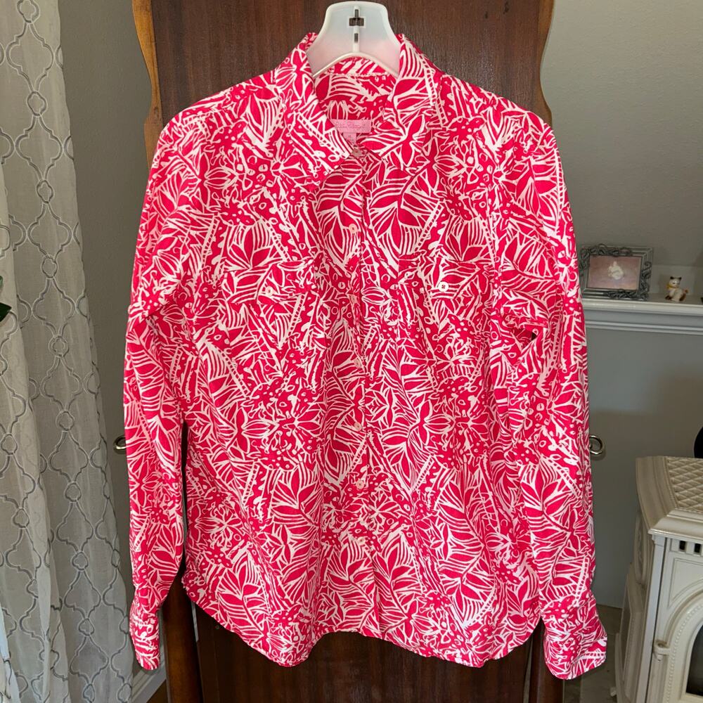 Lilly Pulitzer Resort Fit Women's White Pink Shirt floral pattern top size 14